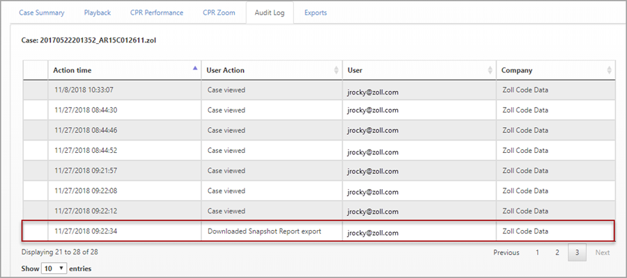 An entry in the Audit Log displays the day and time the user requested the report.